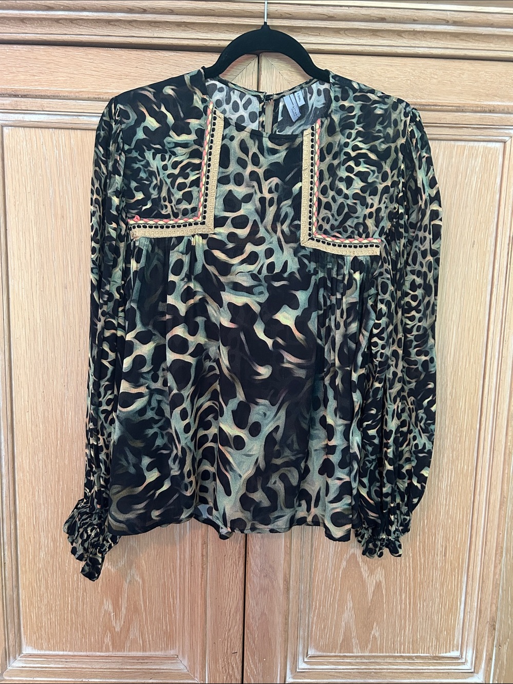 Anthropologie Leopard-Print Long-Sleeve Blouse in Green and Black
